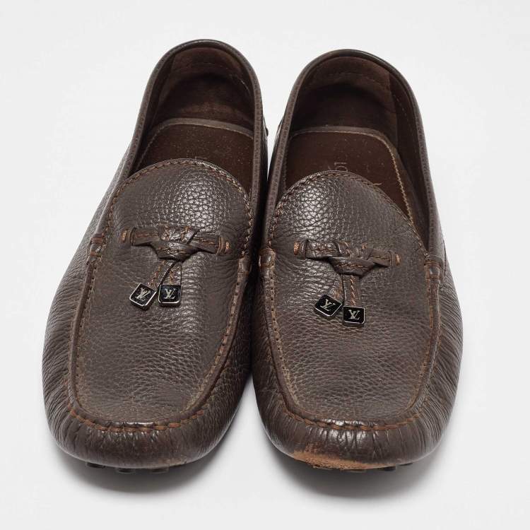 Pre Owned Louis Vuitton Dark Brown Logo Bow Slip on Loafers Size 43.5