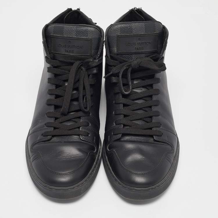 Pre Owned Louis Vuitton Black Leather and Damier Graphite Canvas High Top Sneakers Size 39
