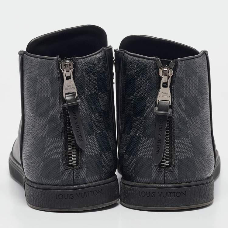 Pre Owned Louis Vuitton Black Leather and Damier Graphite Canvas High Top Sneakers Size 39