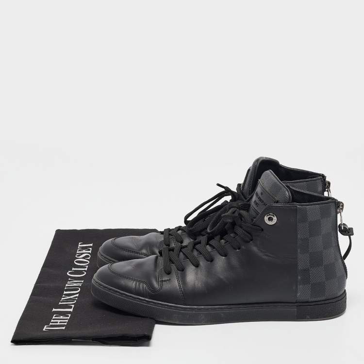 Pre Owned Louis Vuitton Black Leather and Damier Graphite Canvas High Top Sneakers Size 39