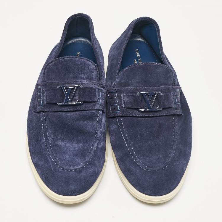 Pre Owned Louis Vuitton Navy Blue Suede Estate Loafers Size 40