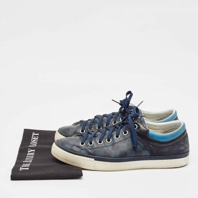 Pre Owned Louis Vuitton Blue/Grey Canvas and Suede Rivoli Low Top Sneakers Size 43