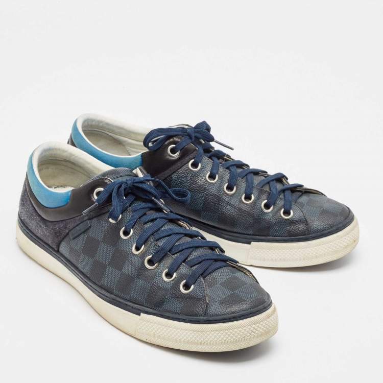 Pre Owned Louis Vuitton Blue/Grey Canvas and Suede Rivoli Low Top Sneakers Size 43