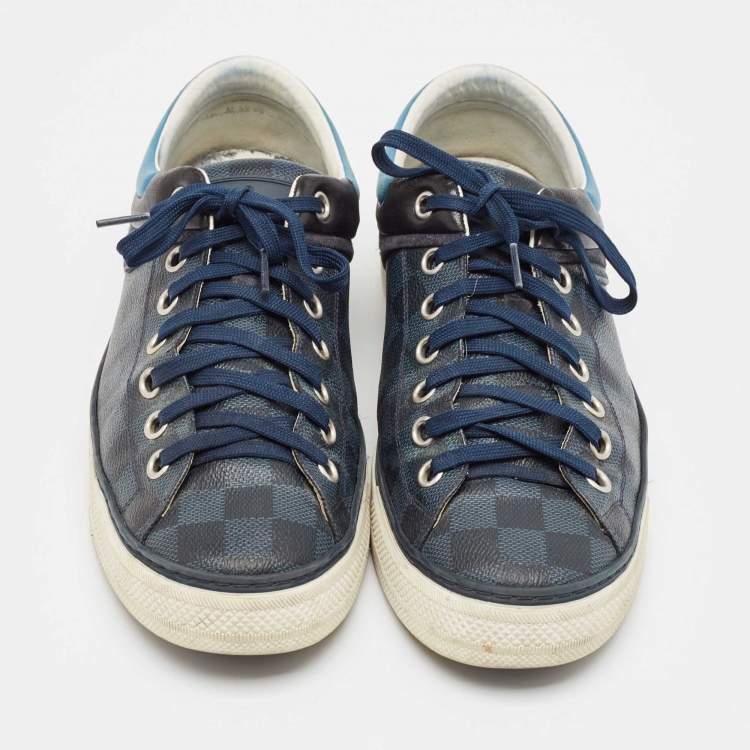 Pre Owned Louis Vuitton Blue/Grey Canvas and Suede Rivoli Low Top Sneakers Size 43