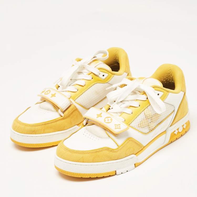Pre Owned Louis Vuitton Yellow Leather and Monogram Denim LV Trainer Sneakers Size 41