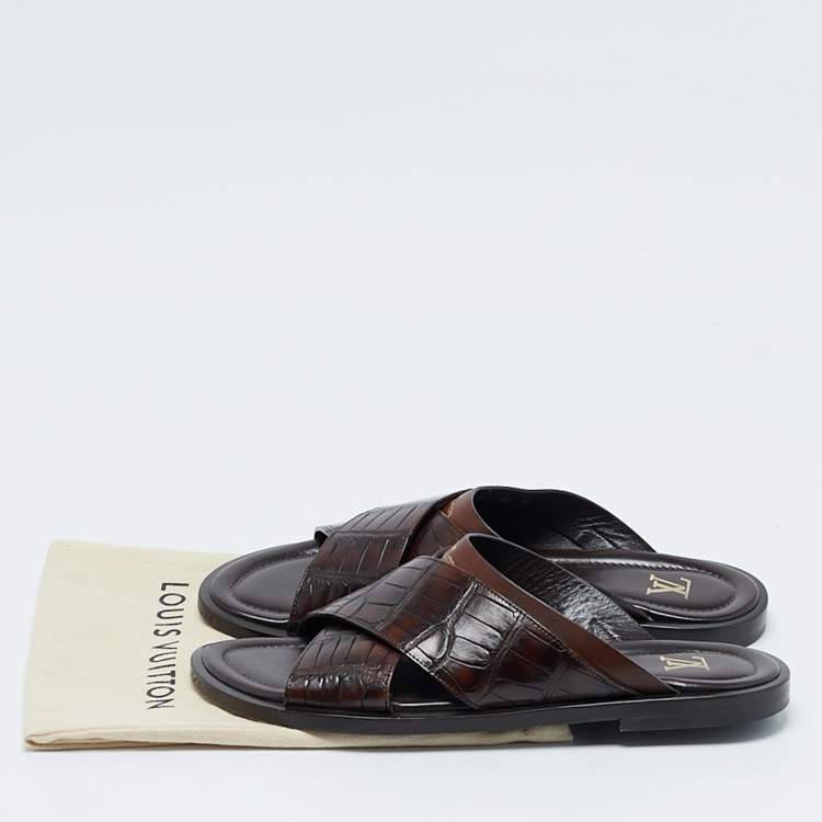 Pre Owned Louis Vuitton Brown Crocodile Leather Foch Sandals Size 43.5