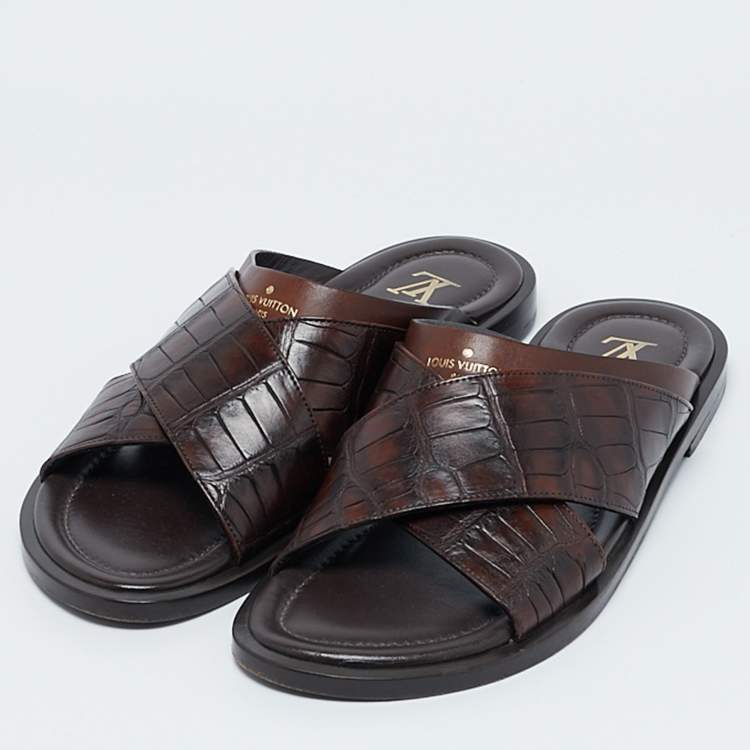 Pre Owned Louis Vuitton Brown Crocodile Leather Foch Sandals Size 43.5