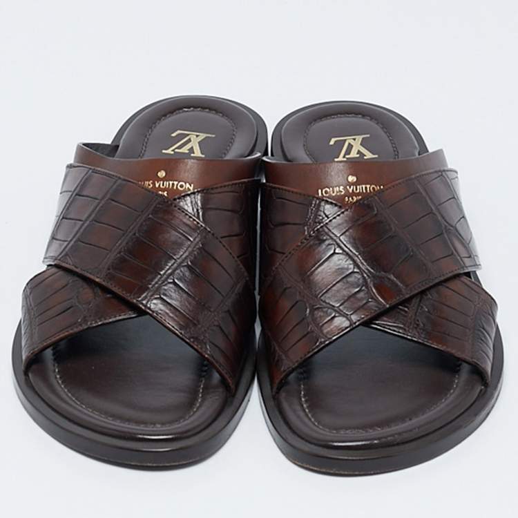 Pre Owned Louis Vuitton Brown Crocodile Leather Foch Sandals Size 43.5