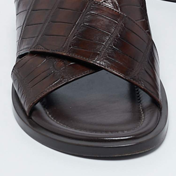 Pre Owned Louis Vuitton Brown Crocodile Leather Foch Sandals Size 43.5