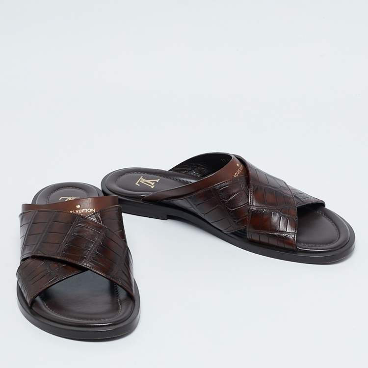 Pre Owned Louis Vuitton Brown Crocodile Leather Foch Sandals Size 43.5