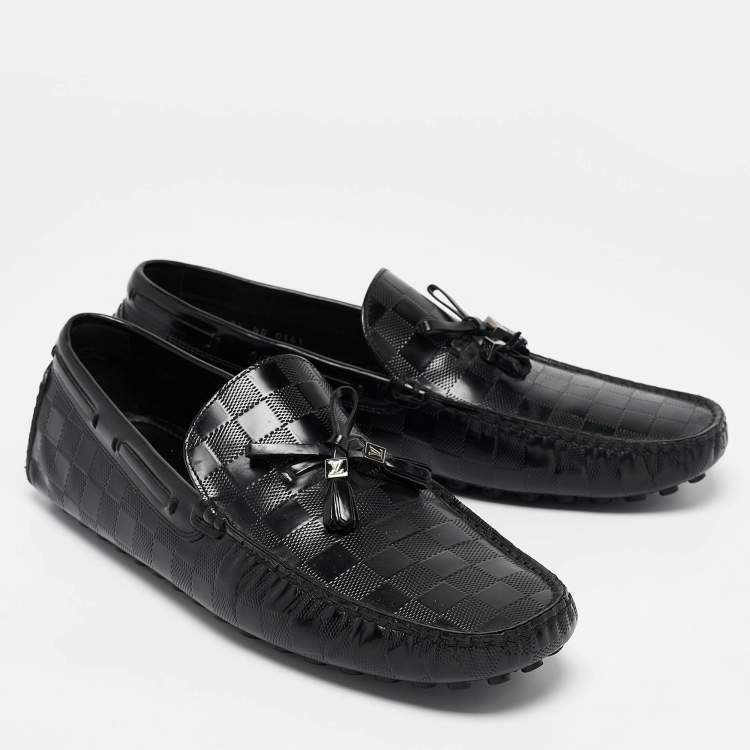 Pre Owned Louis Vuitton Black Damier Embossed Leather Tassel Bow Loafers Size 43.5