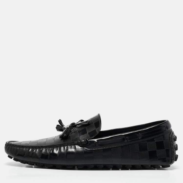 Pre Owned Louis Vuitton Black Damier Embossed Leather Tassel Bow Loafers Size 43.5