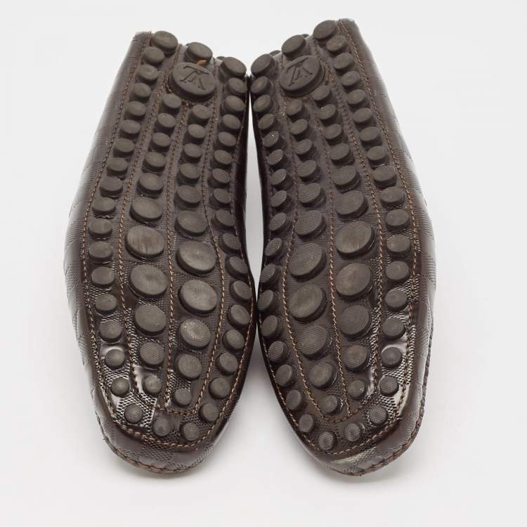 Pre Owned Louis Vuitton Brown  Damier Leather Bow Slip On Loafers Size 43.5