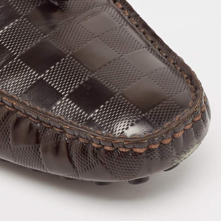 Pre Owned Louis Vuitton Brown  Damier Leather Bow Slip On Loafers Size 43.5