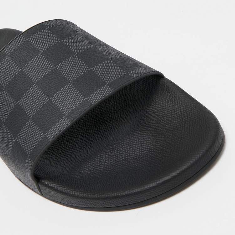 Pre Owned Louis Vuitton Black/Grey Rubber Graphite Waterfront Flat Slides Size 45