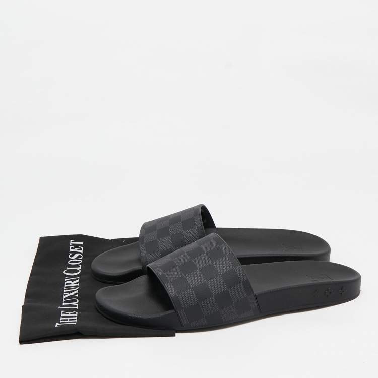 Pre Owned Louis Vuitton Black/Grey Rubber Graphite Waterfront Flat Slides Size 45