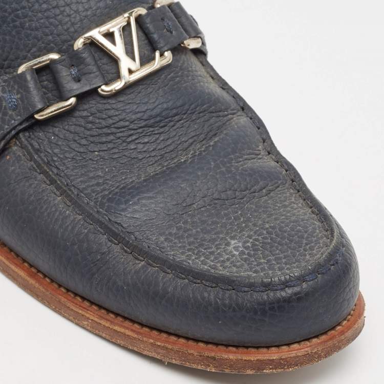 Pre Owned Louis Vuitton Navy Blue Leather Hockenheim Loafers Size 44