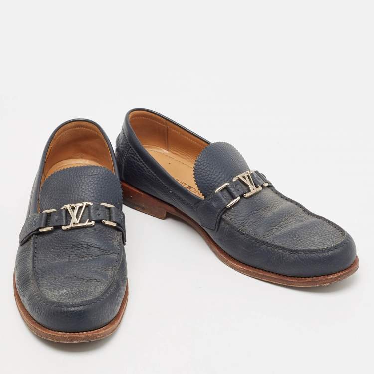 Pre Owned Louis Vuitton Navy Blue Leather Hockenheim Loafers Size 44