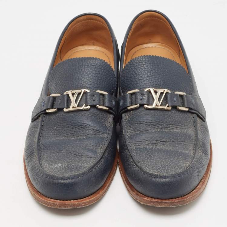 Pre Owned Louis Vuitton Navy Blue Leather Hockenheim Loafers Size 44