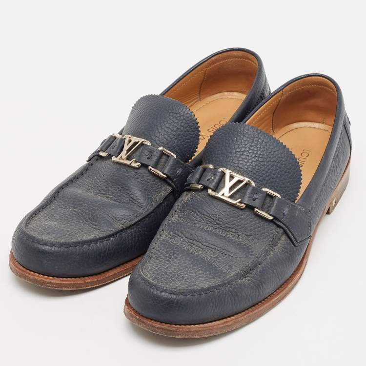 Pre Owned Louis Vuitton Navy Blue Leather Hockenheim Loafers Size 44