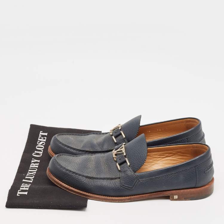 Pre Owned Louis Vuitton Navy Blue Leather Hockenheim Loafers Size 44