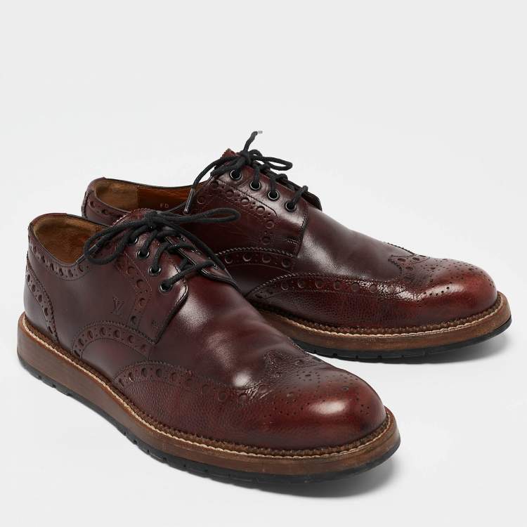 Pre Owned Louis Vuitton Brown Brogue Leather Wingtip Lace Up Derby Size 43.5