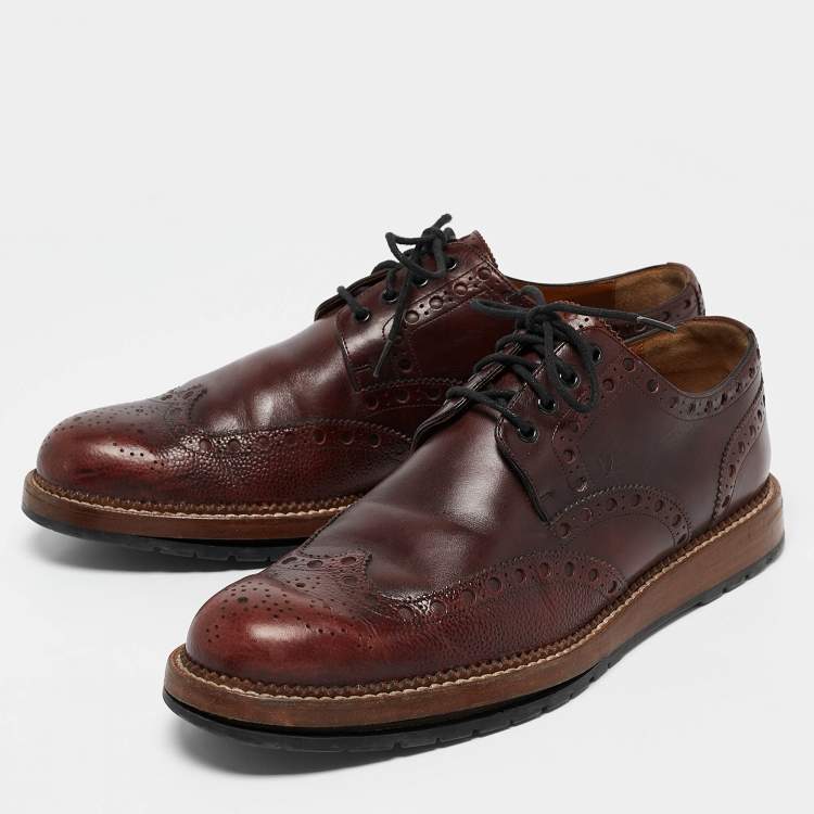 Pre Owned Louis Vuitton Brown Brogue Leather Wingtip Lace Up Derby Size 43.5