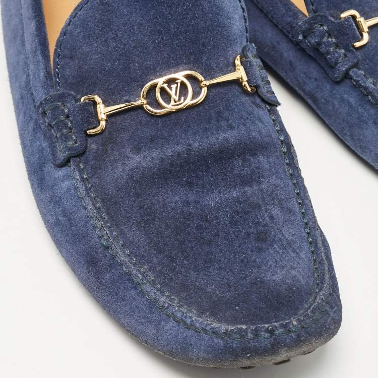 Pre Owned Louis Vuitton Blue Suede Slip On Loafers Size 43.5