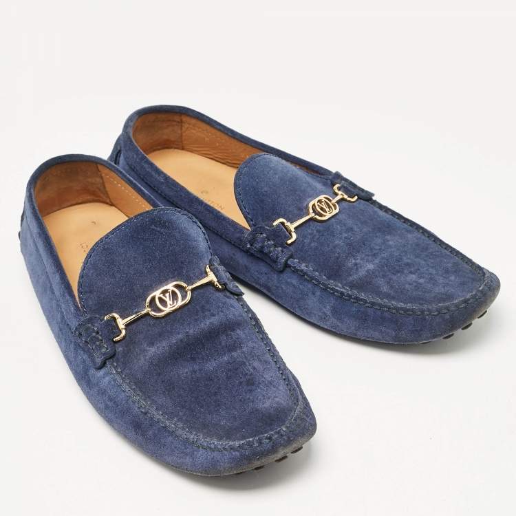 Pre Owned Louis Vuitton Blue Suede Slip On Loafers Size 43.5