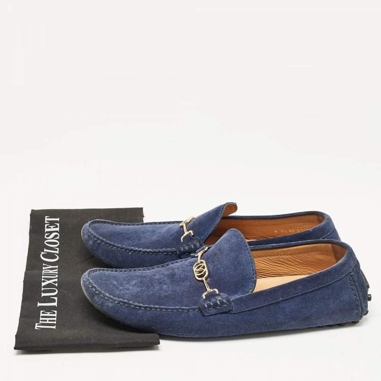 Pre Owned Louis Vuitton Blue Suede Slip On Loafers Size 43.5
