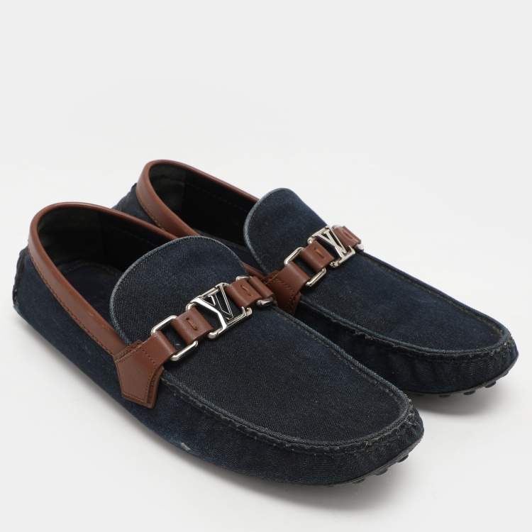 Pre Owned Louis Vuitton Navy Blue/Brown Denim and Leather Hockenheim Loafers Size 41.5