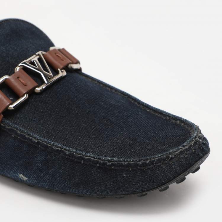 Pre Owned Louis Vuitton Navy Blue/Brown Denim and Leather Hockenheim Loafers Size 41.5