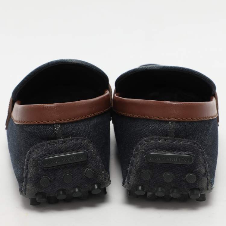 Pre Owned Louis Vuitton Navy Blue/Brown Denim and Leather Hockenheim Loafers Size 41.5