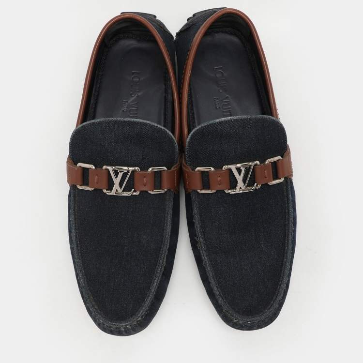 Pre Owned Louis Vuitton Navy Blue/Brown Denim and Leather Hockenheim Loafers Size 41.5