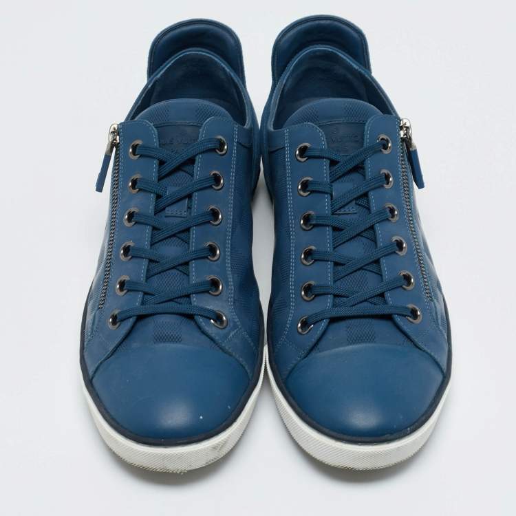 Pre Owned Louis Vuitton Blue Leather and Suede Challenge Lace Up Sneakers Size 43