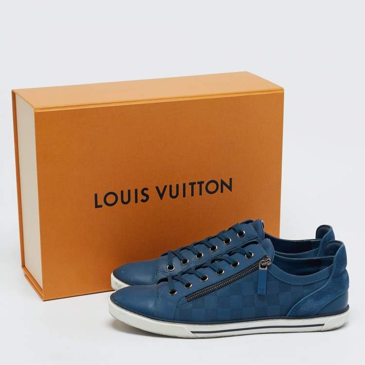 Pre Owned Louis Vuitton Blue Leather and Suede Challenge Lace Up Sneakers Size 43