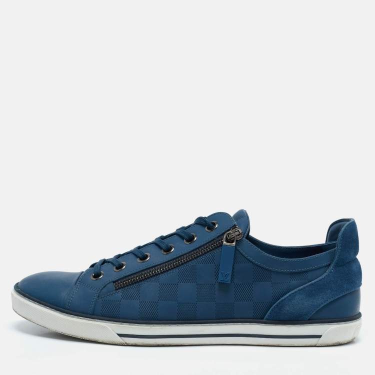 Pre Owned Louis Vuitton Blue Leather and Suede Challenge Lace Up Sneakers Size 43