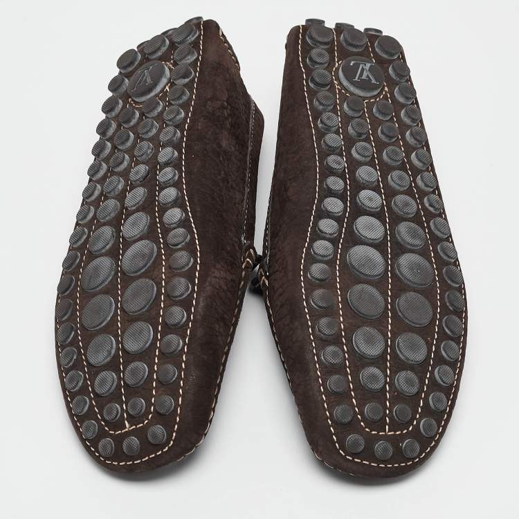 Pre Owned Louis Vuitton Dark Brown Textured Nubuck Leather Bow Loafers Size 41