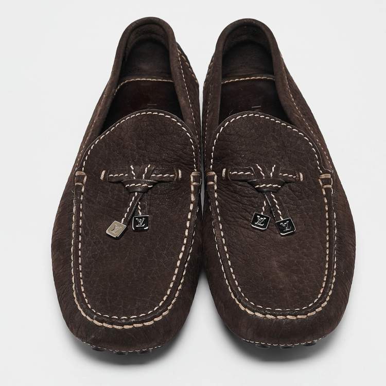 Pre Owned Louis Vuitton Dark Brown Textured Nubuck Leather Bow Loafers Size 41