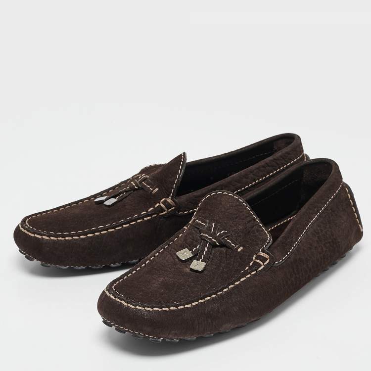 Pre Owned Louis Vuitton Dark Brown Textured Nubuck Leather Bow Loafers Size 41