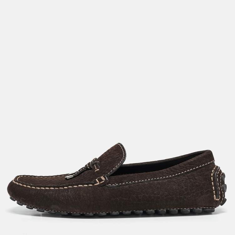Pre Owned Louis Vuitton Dark Brown Textured Nubuck Leather Bow Loafers Size 41