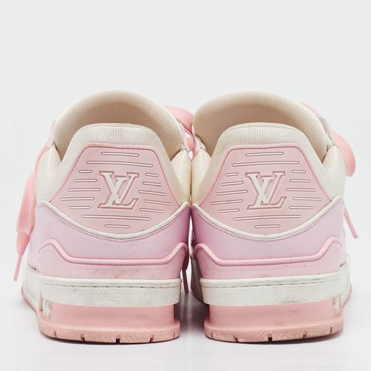 Pre Owned Louis Vuitton White/Pink Monogram Leather LV Trainer Sneakers Size 42 
