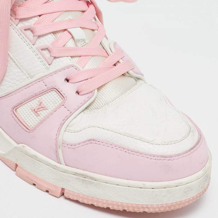 Pre Owned Louis Vuitton White/Pink Monogram Leather LV Trainer Sneakers Size 42 