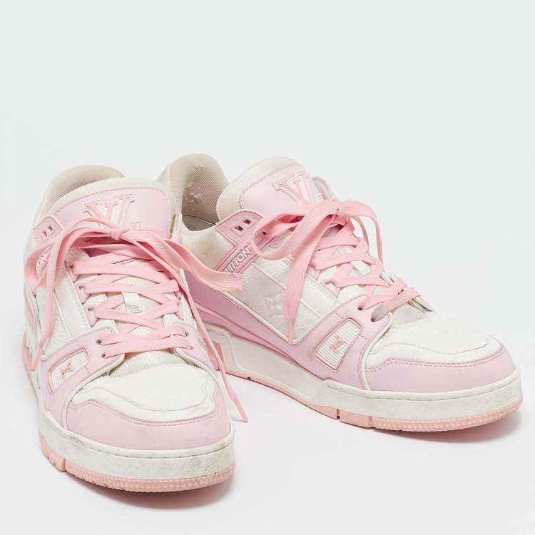 Pre Owned Louis Vuitton White/Pink Monogram Leather LV Trainer Sneakers Size 42 
