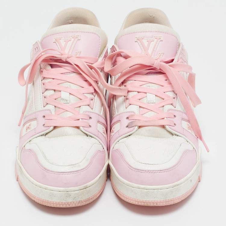 Pre Owned Louis Vuitton White/Pink Monogram Leather LV Trainer Sneakers Size 42 