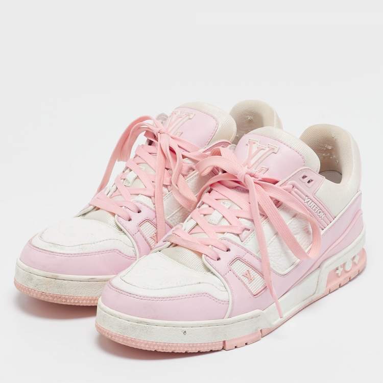 Pre Owned Louis Vuitton White/Pink Monogram Leather LV Trainer Sneakers Size 42 