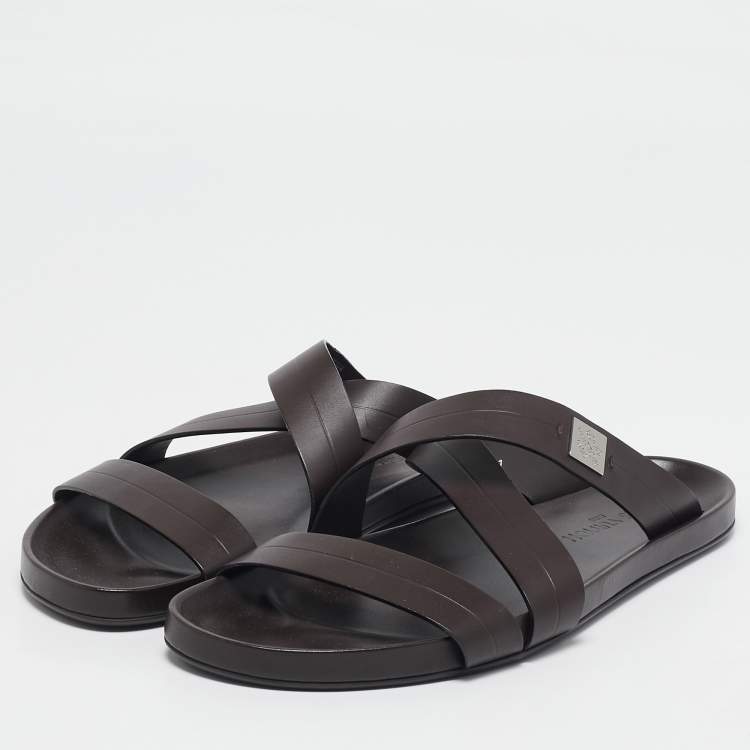Pre Owned Louis Vuitton Dark Brown Leather Pioneer Cross Strap Flat Slides Size 45