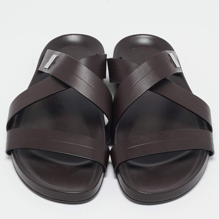 Pre Owned Louis Vuitton Dark Brown Leather Pioneer Cross Strap Flat Slides Size 45