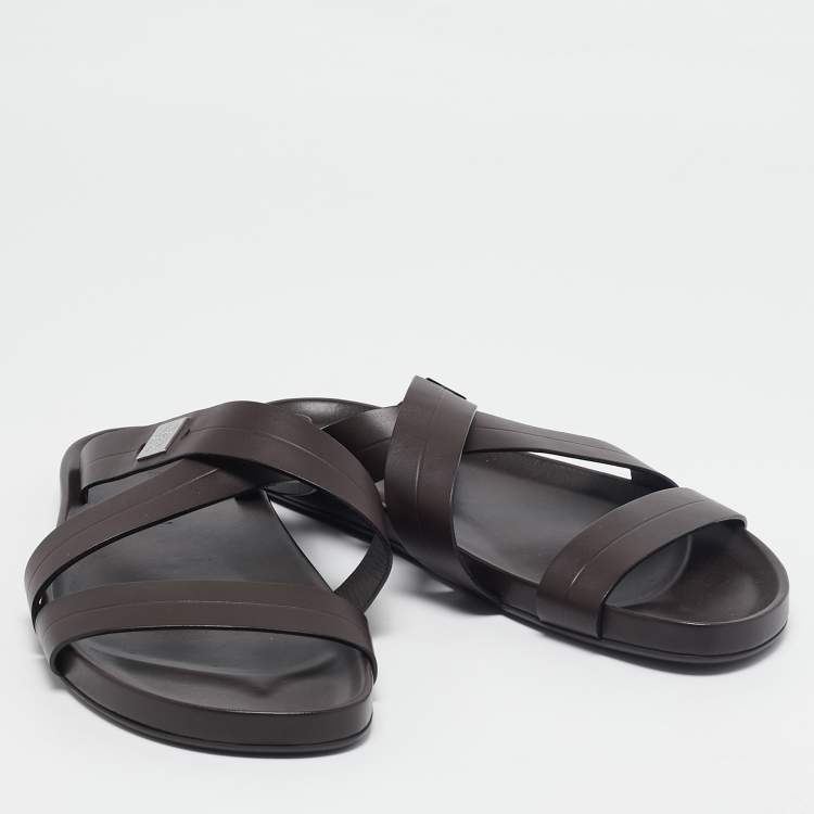 Pre Owned Louis Vuitton Dark Brown Leather Pioneer Cross Strap Flat Slides Size 45