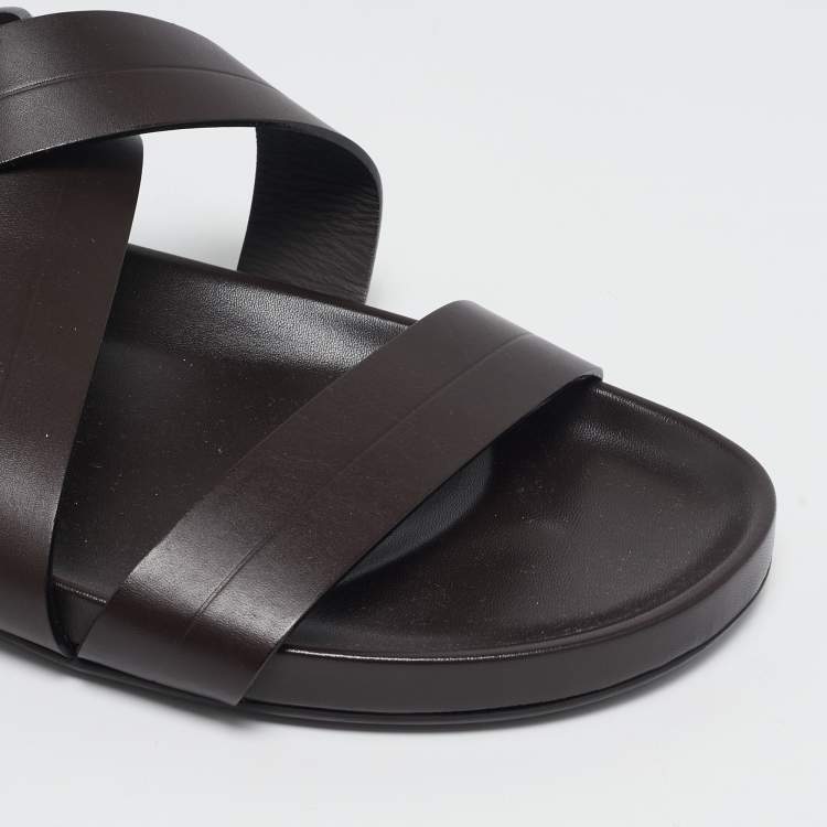 Pre Owned Louis Vuitton Dark Brown Leather Pioneer Cross Strap Flat Slides Size 45